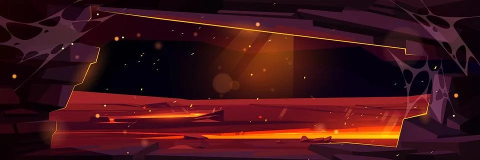 Volcano lava hell rock cave view fantasy game Stock Illustration