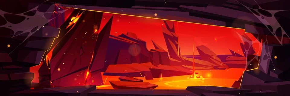 Volcano lava hell rock cave view fantasy game Stock Illustration