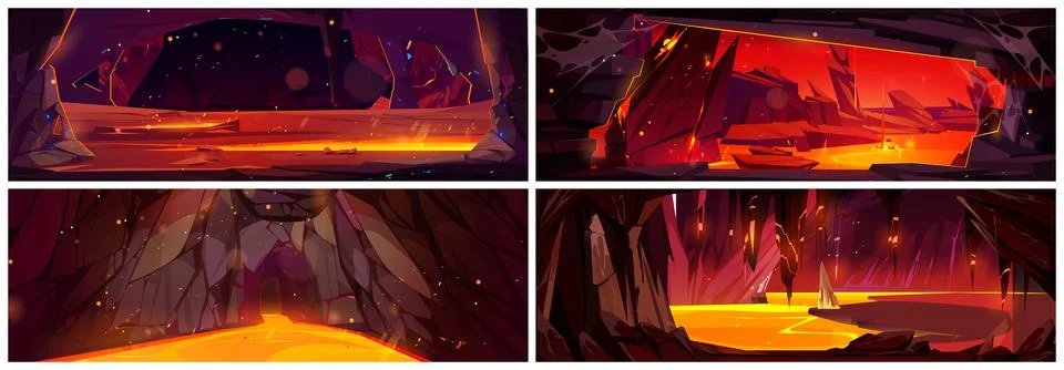 Volcano lava hell rock cave view fantasy game set Stock Illustration