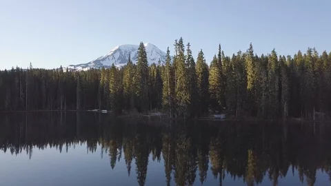 Volcano Mount Adams at Sunrise with Smooth Lake Reflection. Washington State USA Stock Footage 128917225