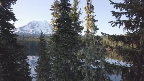 Volcano Mount Adams at Sunrise with Smooth Lake Reflection. Washington State USA Stock Footage 128917448