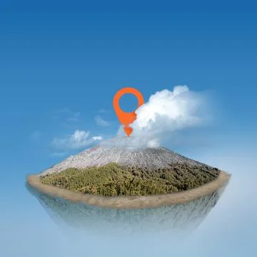 Volcano mountain with a location pointer mark with a cloudy blue sky backgr.. Stock Photos