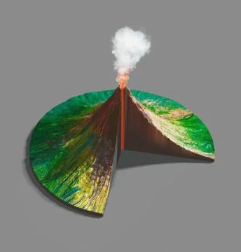 Volcano structure. Original hand painted illustration, 3d rendering Illustrazione stock