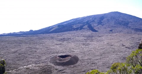 Volcano surface crater black landscape vegetation reunion island inactive Stock Footage 84303300