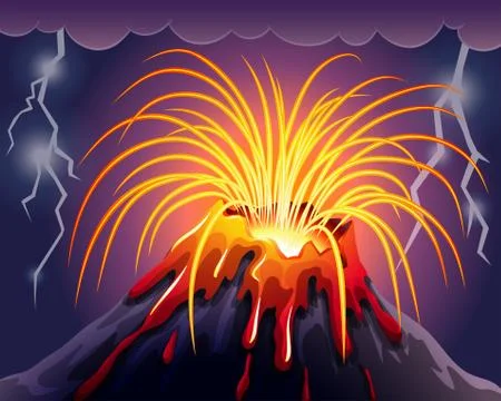 Volcano on thunderstorms night Stockillustratie