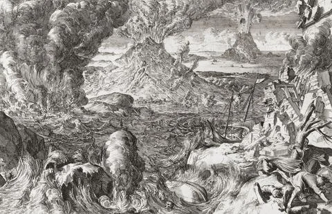 Volcanoes and storms, after an 18th century work by Romeyn de Hooghe.  Rather th Stock Illustration