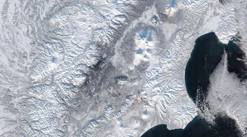 Volcanoes on Kamchatka from space Video stock 26419867