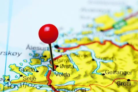 Volda pinned on a map of Norway Stock Photos
