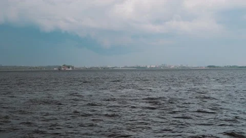 Volga river. Dark water in front of the elements. In the distance the coast  Stock Footage 201178928