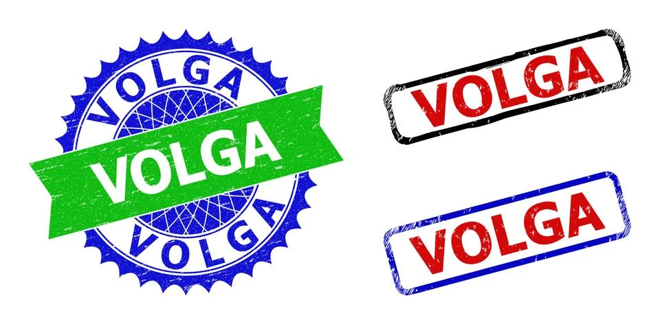 VOLGA Rosette and Rectangle Bicolor Badges with Unclean Styles Stock Illustration