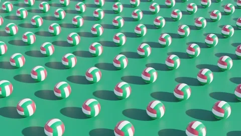 Volleyball balls on a green background. Rows of volleyball balls rolling towards Stock Footage 274297795