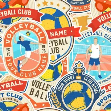 Volleyball club seamless pattern. Background with volleyball emblem, patch Illustrazione stock