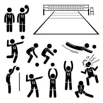 Volleyball Player Actions Poses Postures Stick Figure Pictogram Icons Stock Illustration