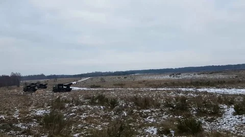 Volleys from volley fire systems. Artillery shoots Stock Footage 121796350