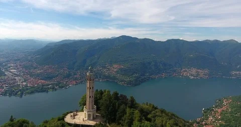 Volta lighthouse aerial panorama in Brunate at Lake Como in Lombardy Italy