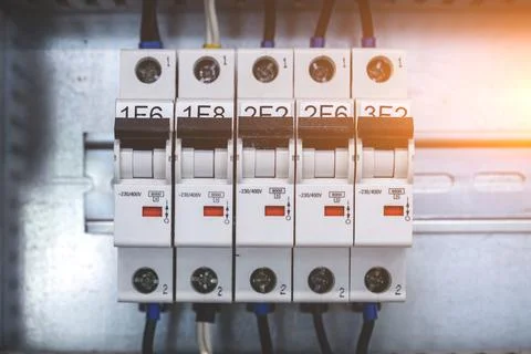 Voltage board with automatic switches. electric box Stock Photos