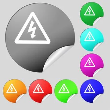 Voltage icon sign. Set of eight multi colored round buttons, stickers. Vector Illustrazione stock