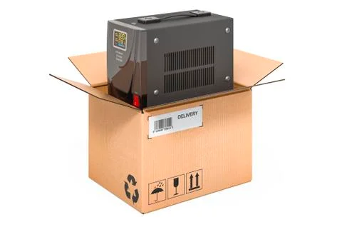 Voltage stabilizer inside cardboard box, delivery concept. 3D rendering 스톡 일러스트