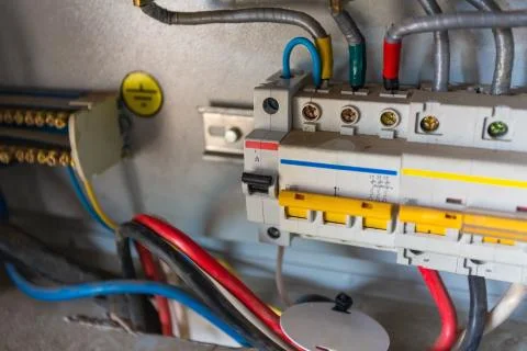 Voltage switchboard with circuit breakers are are in the ON position in the Stock Photos