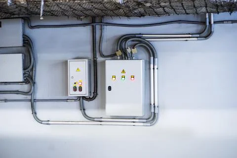Voltage switchboard with circuit breakers are in the ON and OF positions in t Stock Photos