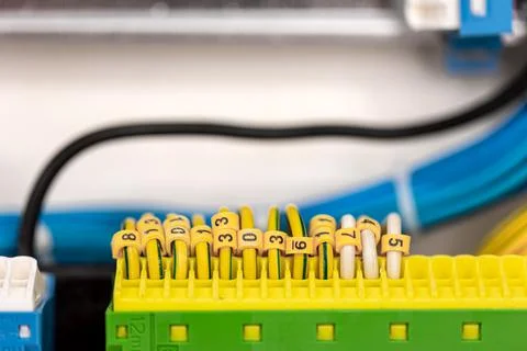 Voltage switchboard with circuit breakers, close up. Foto stock