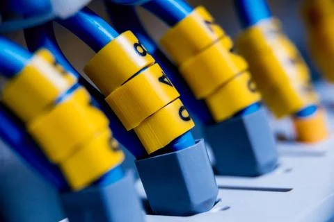 Voltage switchboard with circuit breakers. Electrical background. Stock Photos