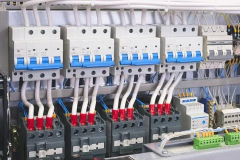 Voltage switchboard with circuit breakers. Electrical background Foto stock