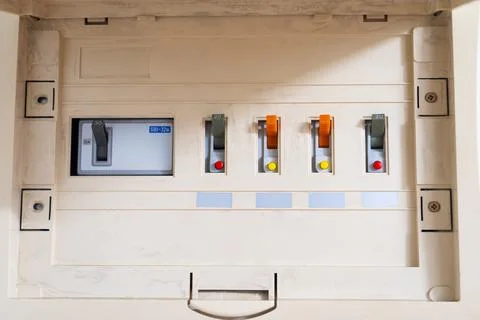 Voltage switchboard with circuit breakers. Electrical switchboard Stock Photos