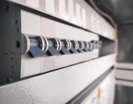 Voltage switchboard with circuit breakers light color. Circuit breaker type e Фото