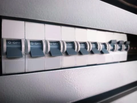 Voltage switchboard with circuit breakers light color. Circuit breaker type e Stockfoto's