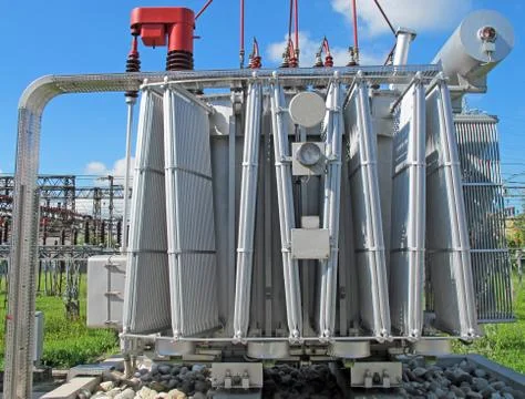 Voltage transformer inside of a powerhouse Stockfoto's