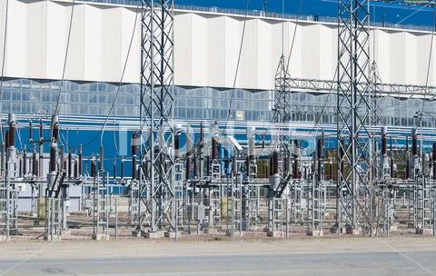 Voltage transformers. Part of Electric power plant Stock Photos