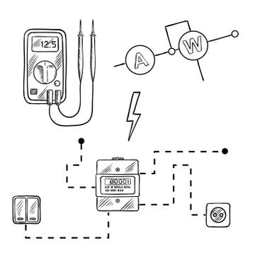 Voltmeter, electricity meter and electrical circuit sketch Stock Illustration