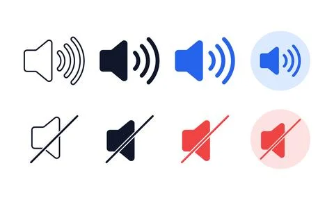Volume and mute speaker interface icons in four distinct visual styles for .. Ilustração Stock