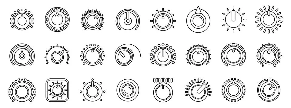 Volume control knobs icons set. Rotating knobs, volume controls, and adjust.. Stock Illustration