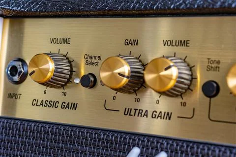 Volume control panel, Close-up of a guitar tube amplifier Stock Photos