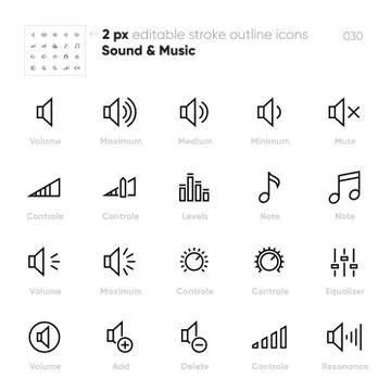 Volume Controls outline vector icons. Equaliser, Note, Levels, Mute. Editable イラスト素材