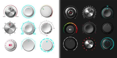 Volume dial. Knob button. Round radio switch regulator for music recorder. UI Illustrazione stock