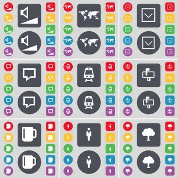 Volume, Globe, Arrow down, Chat bubble, Train, Mailbox, Cup, Silhouette, Tree ic Illustrazione stock