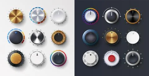 Volume knob. Switch button. Audio dashboard tumblers with stereo control sc.. Stock Illustration