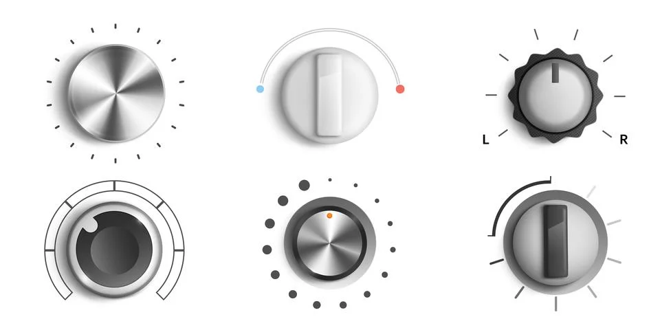 Volume knobs, round adjustment dial elements set Illustrazione stock