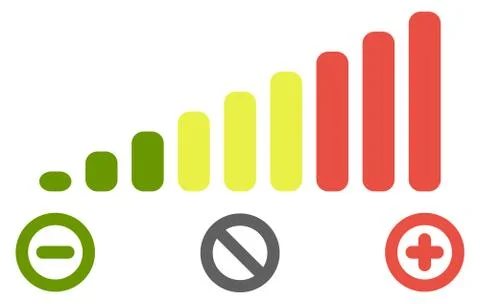 Volume level bars scale icon. Green to red colours, with minus for decrease,  Illustrazione stock