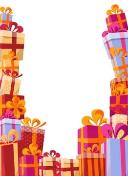 Volume style background flat illustration - mountain of gifts in bright boxes Stock Illustration