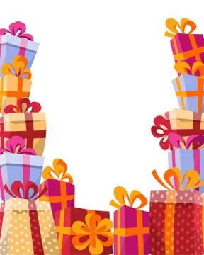 Volume style background flat illustration - mountain of gifts in bright boxes Stock Illustration