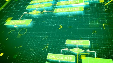 A volumetric 3d illustration of electronic algorithms beaming in the dark gre Stock Illustration
