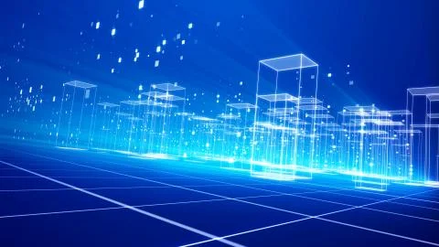 A volumetric 3d illustration of a scii virtual city with many see-through cub Stock Illustration