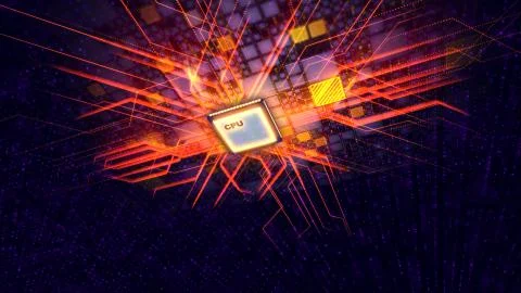 A volumetric 3d illustration of a square CPU device with a row of white spots Stock Illustration