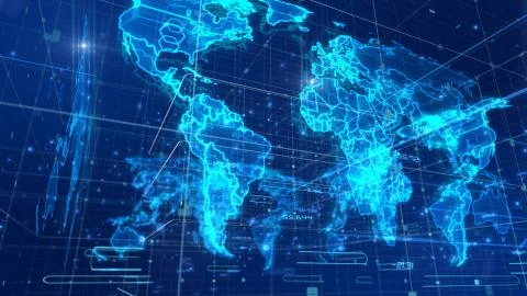 A volumetric 3d rendering of a global communication map placed aslant, with a Illustrazione stock