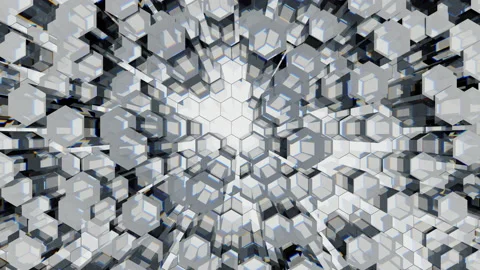 Volumetric hexagons move vertically emitting light rays. Black and white Stock Footage 124551454
