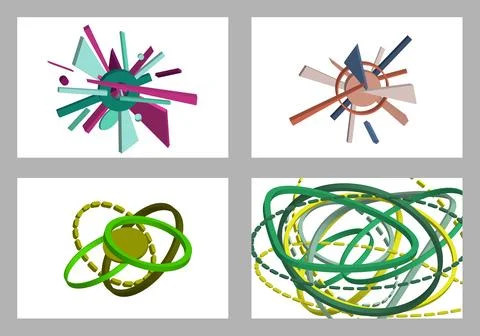 Volumetric multi-colored geometric shapes Abstract geometry. Set of 4 designs Stock Illustration